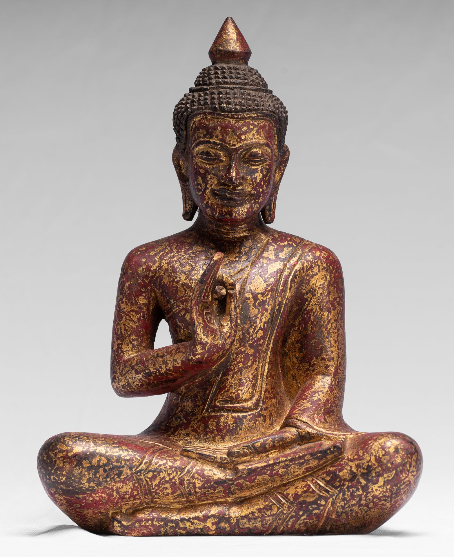 Buddha Sculpture - Buddha - Antique Khmer Style Seated Wood Buddha Statue Teaching Mudra - 26cm/10"