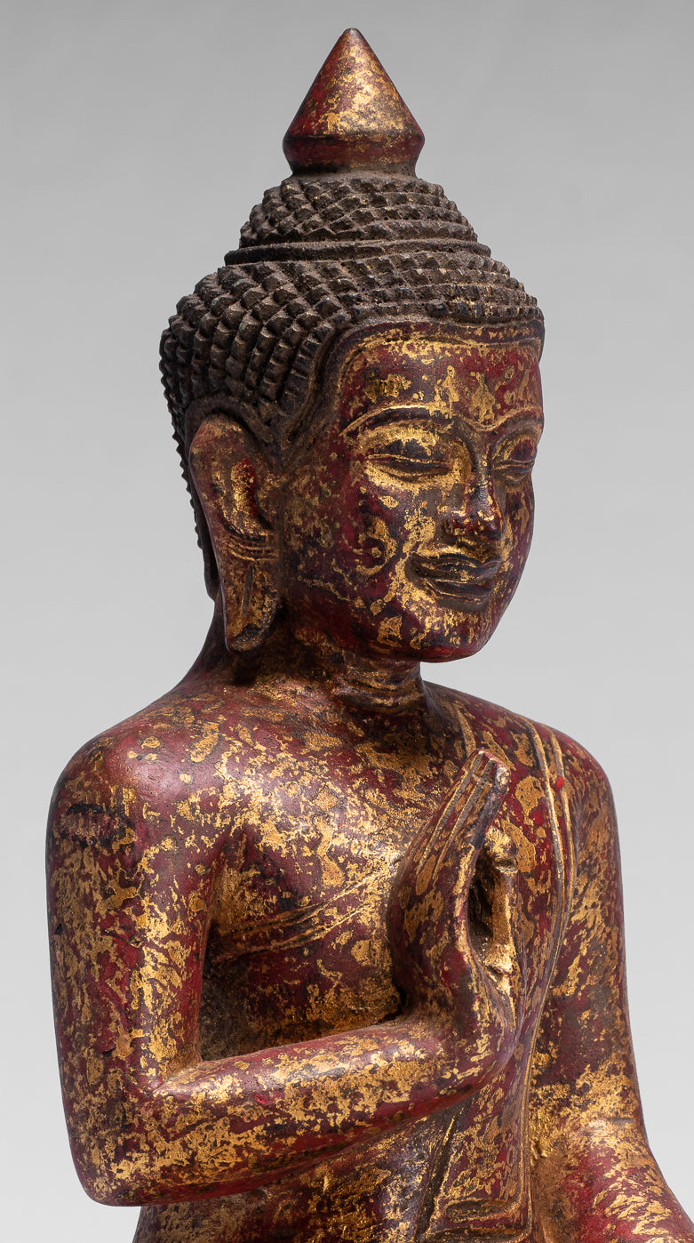 Buddha Sculpture - Buddha - Antique Khmer Style Seated Wood Buddha Statue Teaching Mudra - 26cm/10"