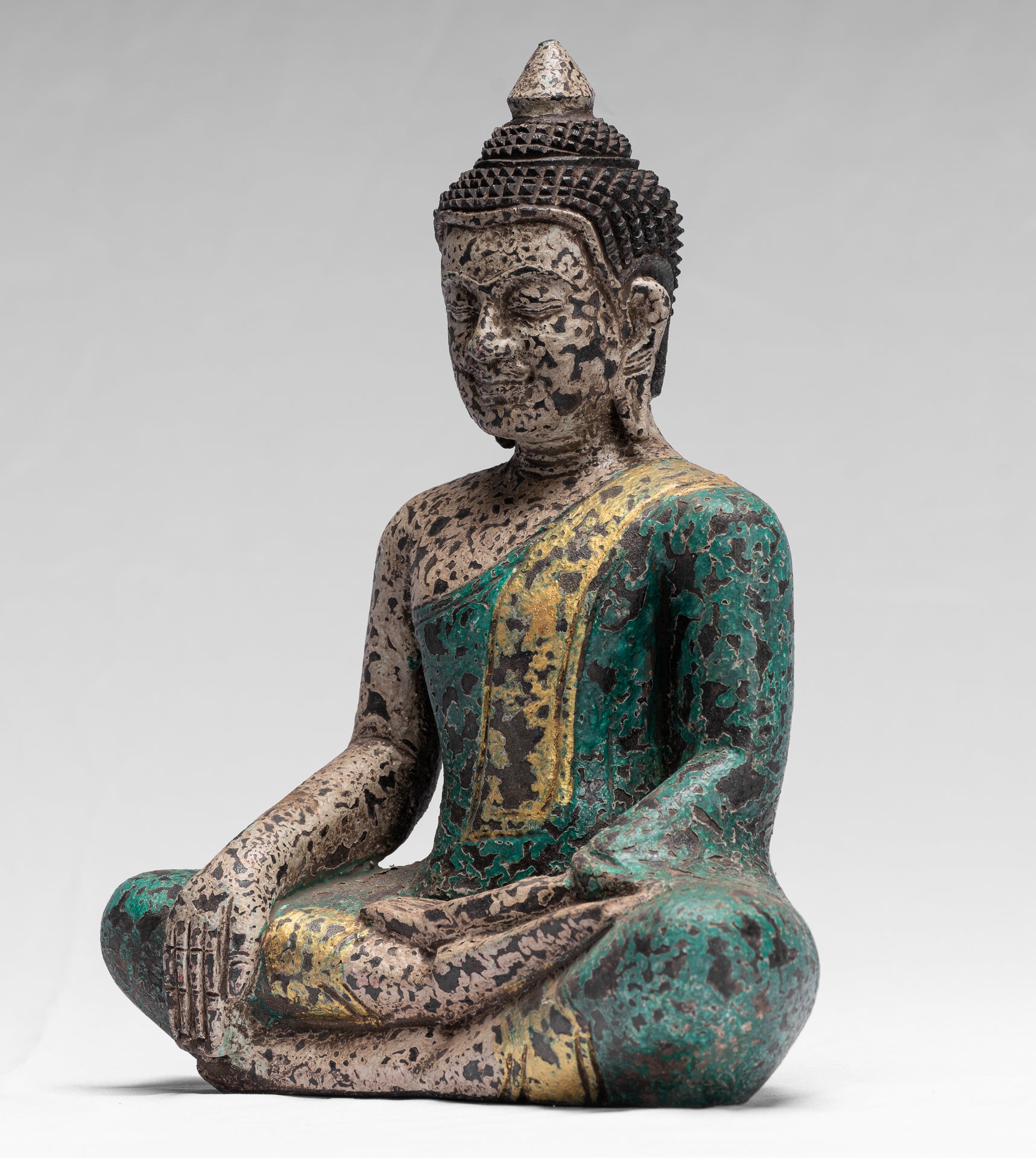 Buddha Statue - Antique Khmer Style SE Asia Seated Wood Enlightenment Buddha Statue - 25cm/10"