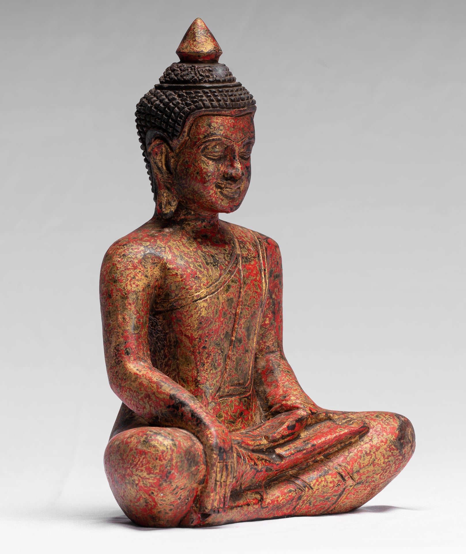 Buddha Statue - Antique Khmer Style SE Asia Seated Wood Enlightenment Buddha Statue - 25cm/10"