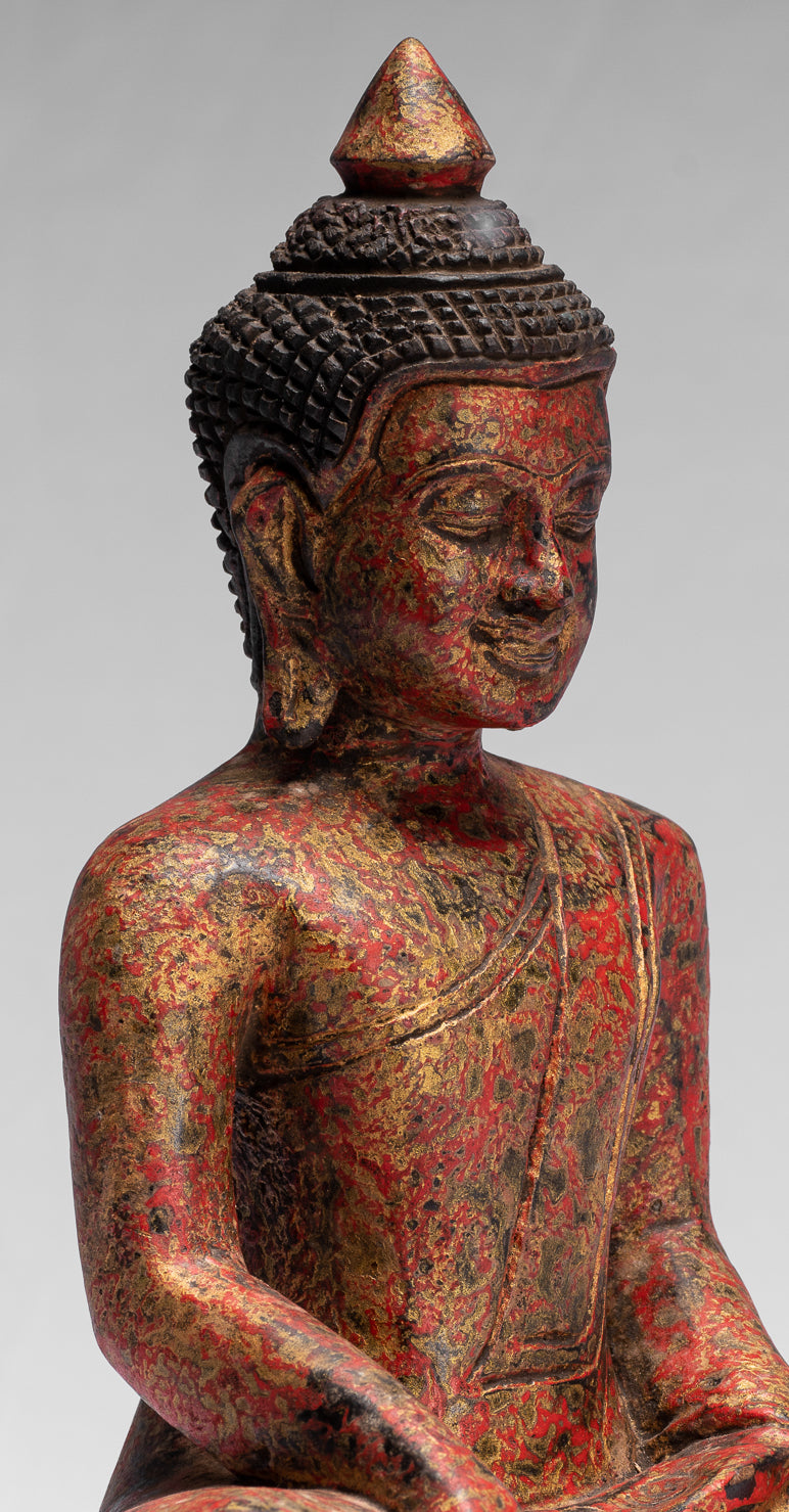 Buddha Statue - Antique Khmer Style SE Asia Seated Wood Enlightenment Buddha Statue - 25cm/10"