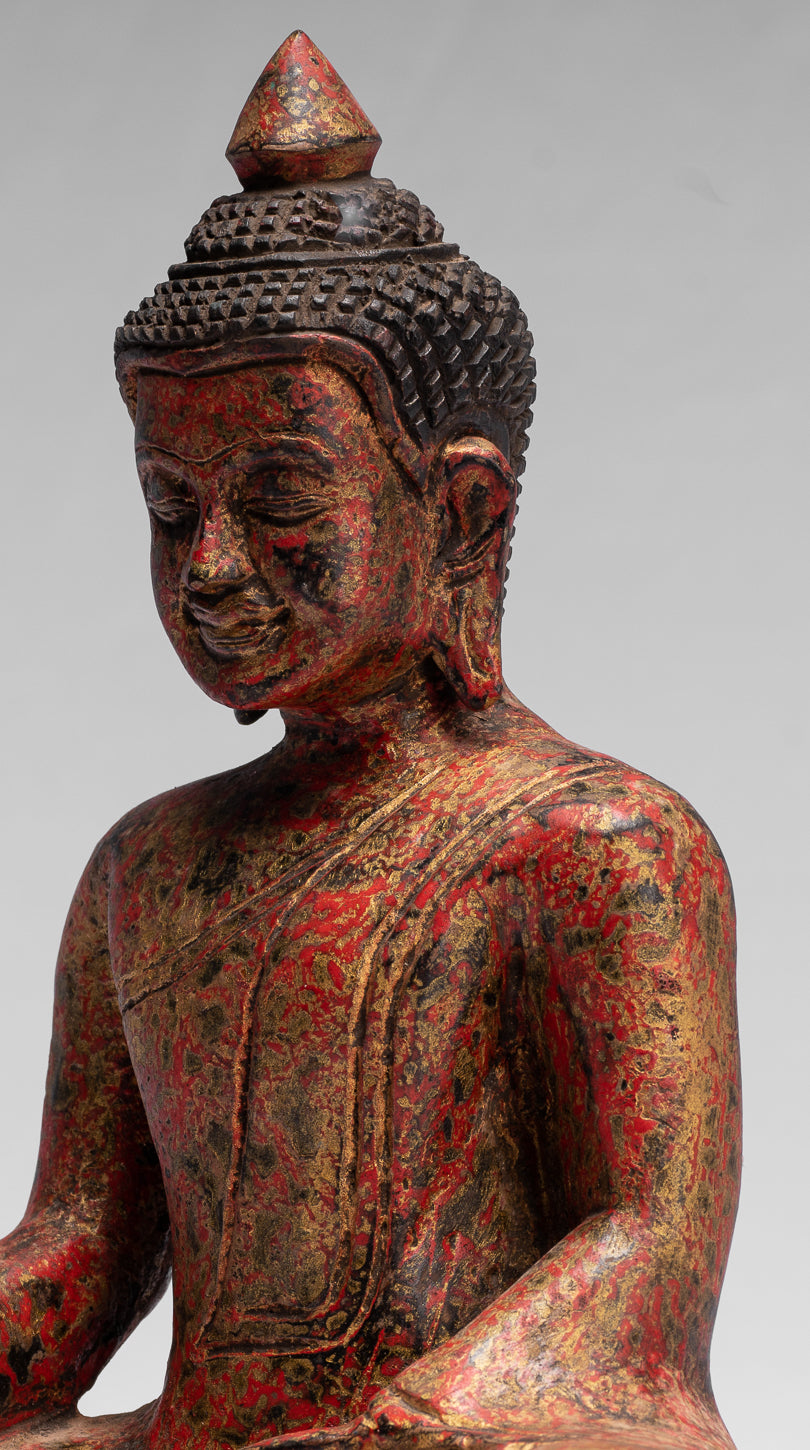 Buddha Statue - Antique Khmer Style SE Asia Seated Wood Enlightenment Buddha Statue - 25cm/10"