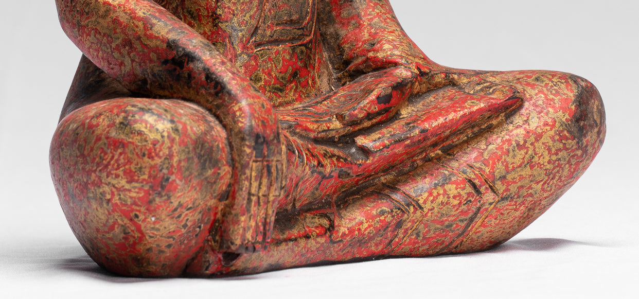 Buddha Statue - Antique Khmer Style SE Asia Seated Wood Enlightenment Buddha Statue - 25cm/10"