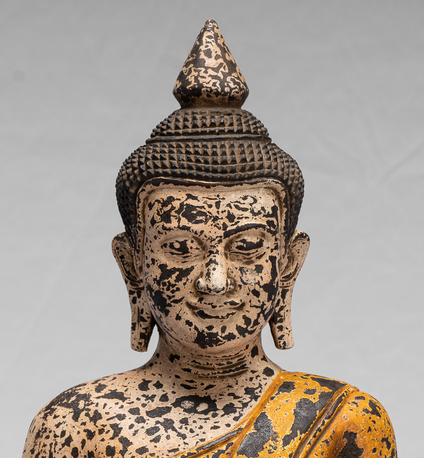 Buddha Sculpture - Antique Khmer Style Wood Seated Buddha Statue Dhyana Meditation Mudra - 40cm/16"