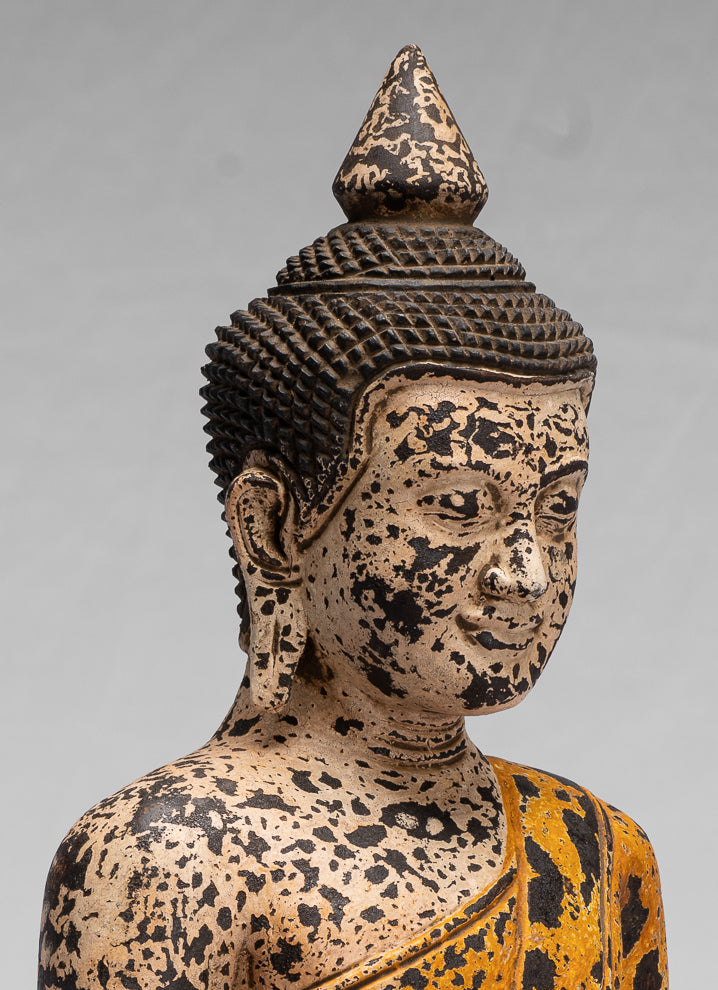 Buddha Sculpture - Antique Khmer Style Wood Seated Buddha Statue Dhyana Meditation Mudra - 40cm/16"
