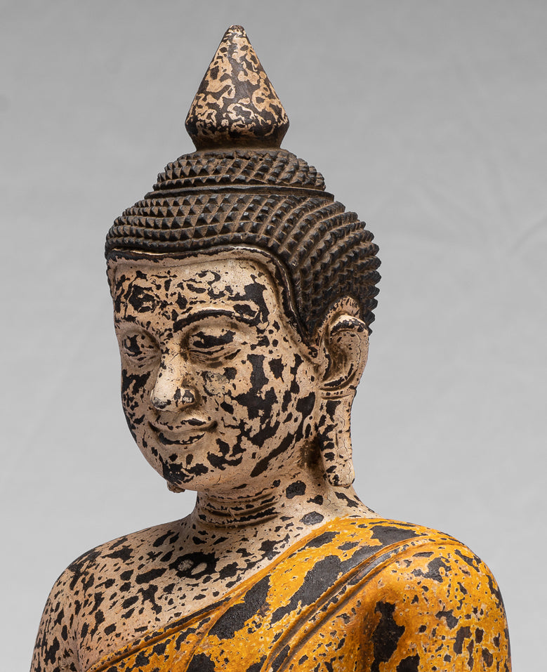 Buddha Sculpture - Antique Khmer Style Wood Seated Buddha Statue Dhyana Meditation Mudra - 40cm/16"