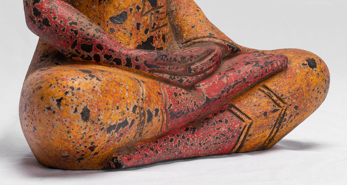 Buddha Sculpture - Antique Khmer Style Wood Seated Buddha Statue Dhyana Meditation Mudra - 32cm/13"