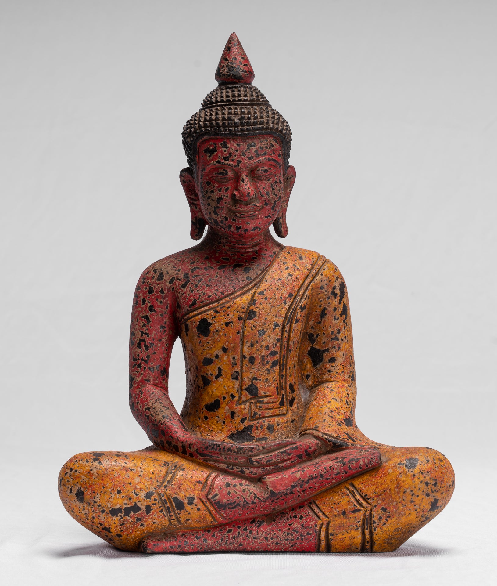 Buddha Sculpture - Antique Khmer Style Wood Seated Buddha Statue Dhyana Meditation Mudra - 32cm/13"