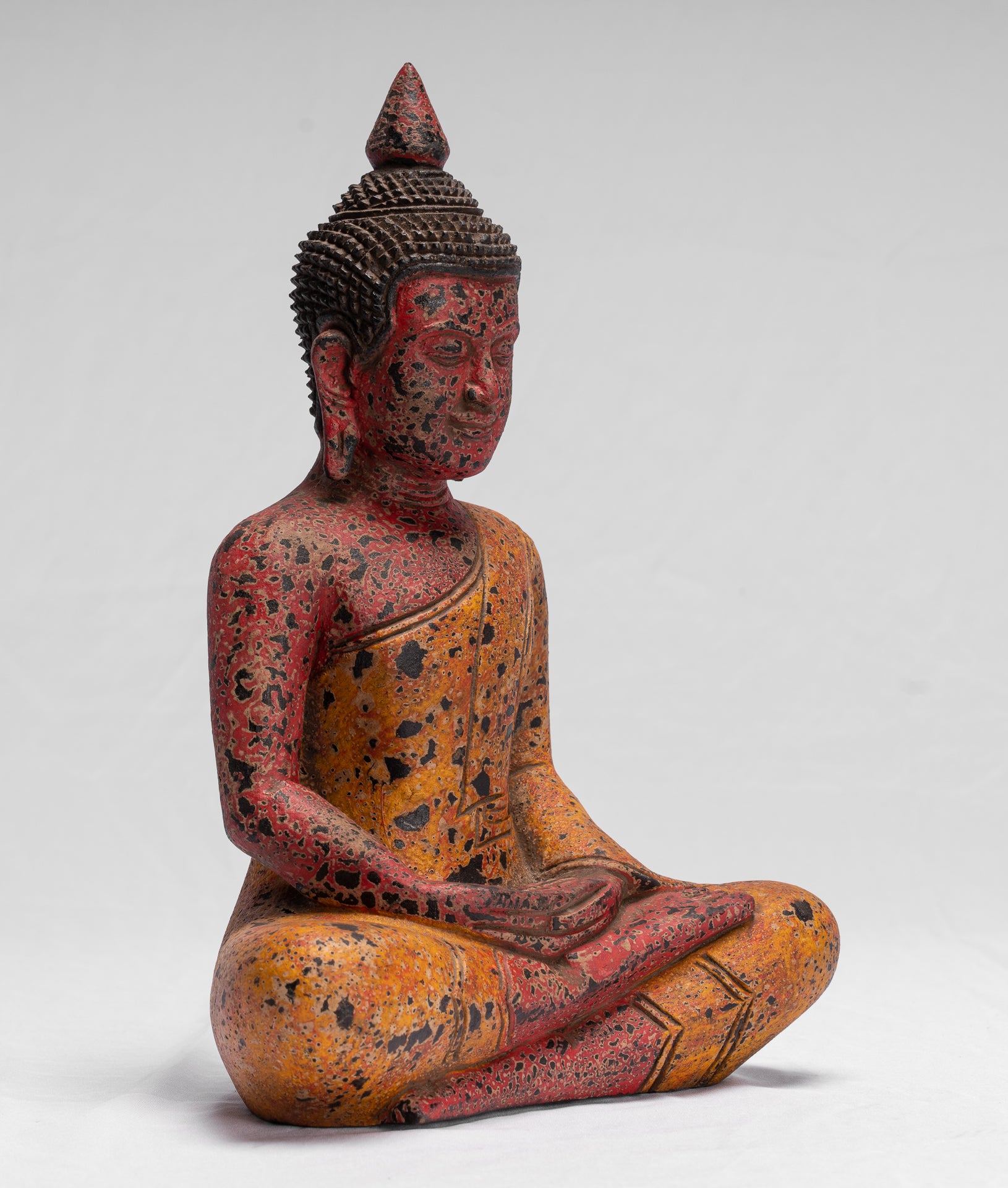 Buddha Sculpture - Antique Khmer Style Wood Seated Buddha Statue Dhyana Meditation Mudra - 32cm/13"