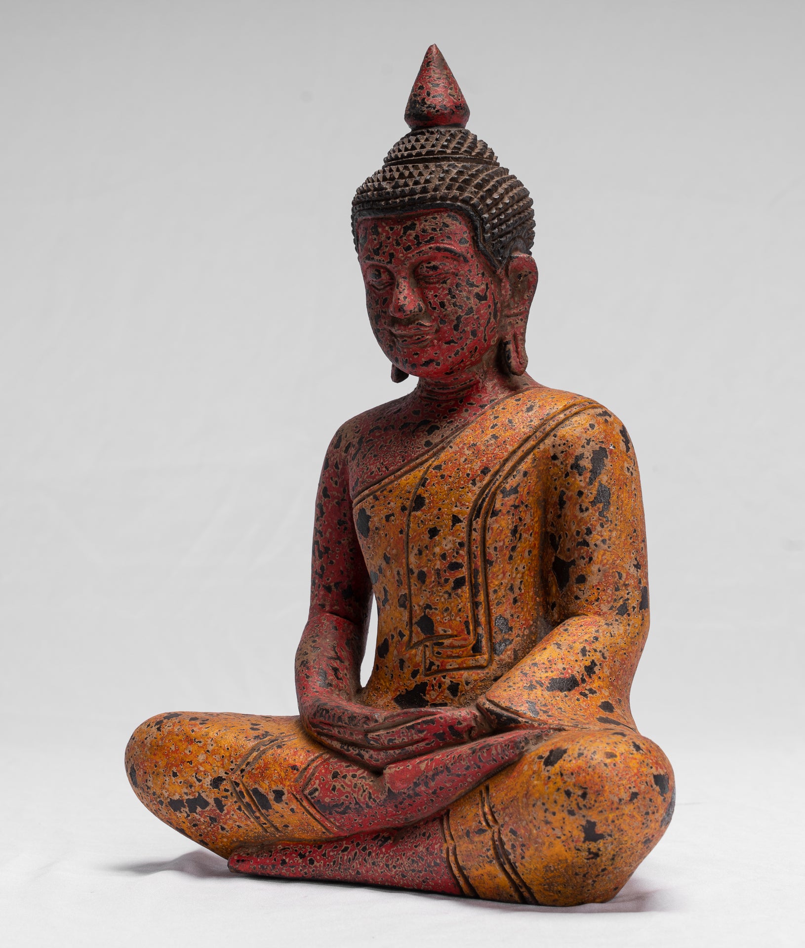 Buddha Sculpture - Antique Khmer Style Wood Seated Buddha Statue Dhyana Meditation Mudra - 32cm/13"