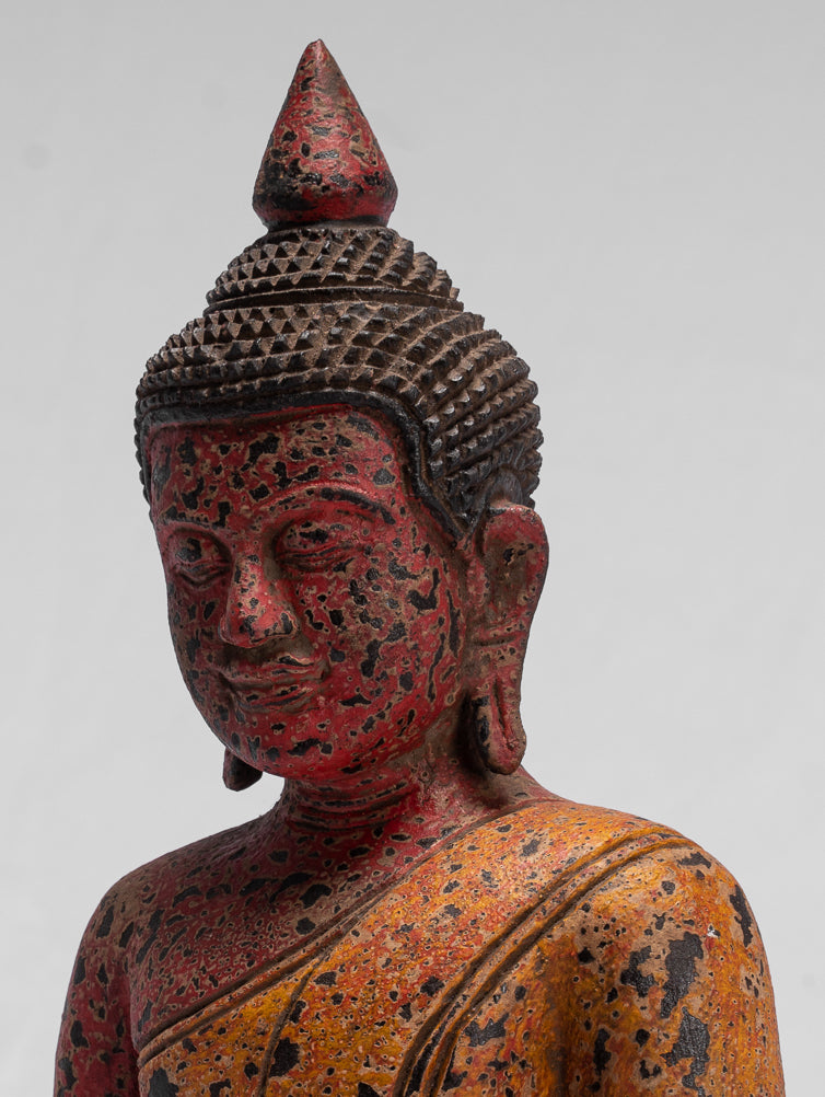 Buddha Sculpture - Antique Khmer Style Wood Seated Buddha Statue Dhyana Meditation Mudra - 32cm/13"