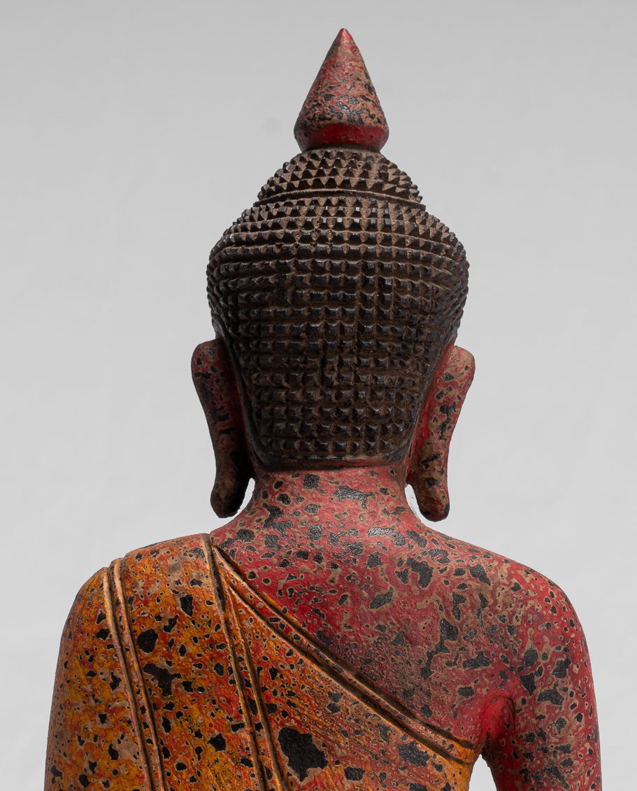 Buddha Sculpture - Antique Khmer Style Wood Seated Buddha Statue Dhyana Meditation Mudra - 32cm/13"