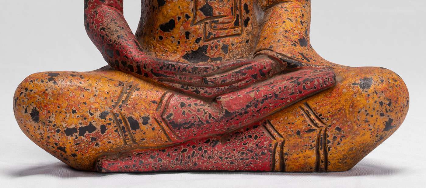 Buddha Sculpture - Antique Khmer Style Wood Seated Buddha Statue Dhyana Meditation Mudra - 32cm/13"