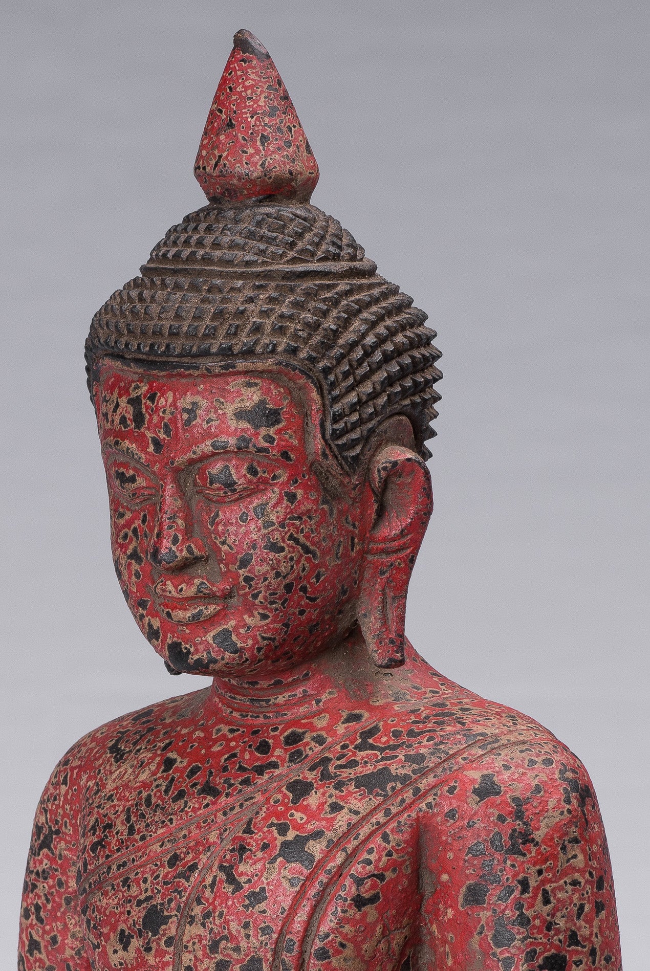 Buddha Sculpture - Antique Khmer Style Wood Seated Buddha Statue Dhyana Meditation Mudra - 34cm/14"