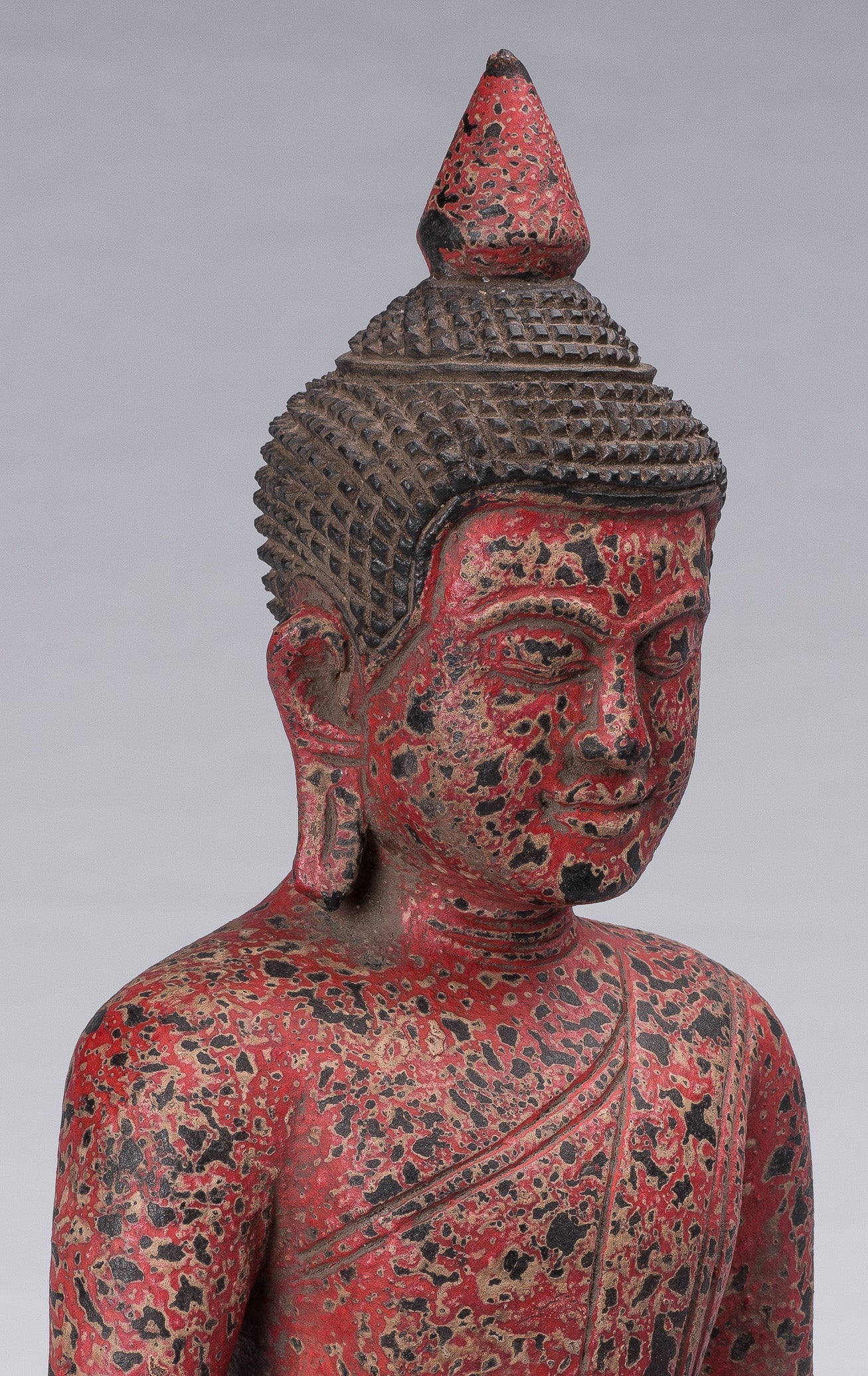 Buddha Sculpture - Antique Khmer Style Wood Seated Buddha Statue Dhyana Meditation Mudra - 34cm/14"