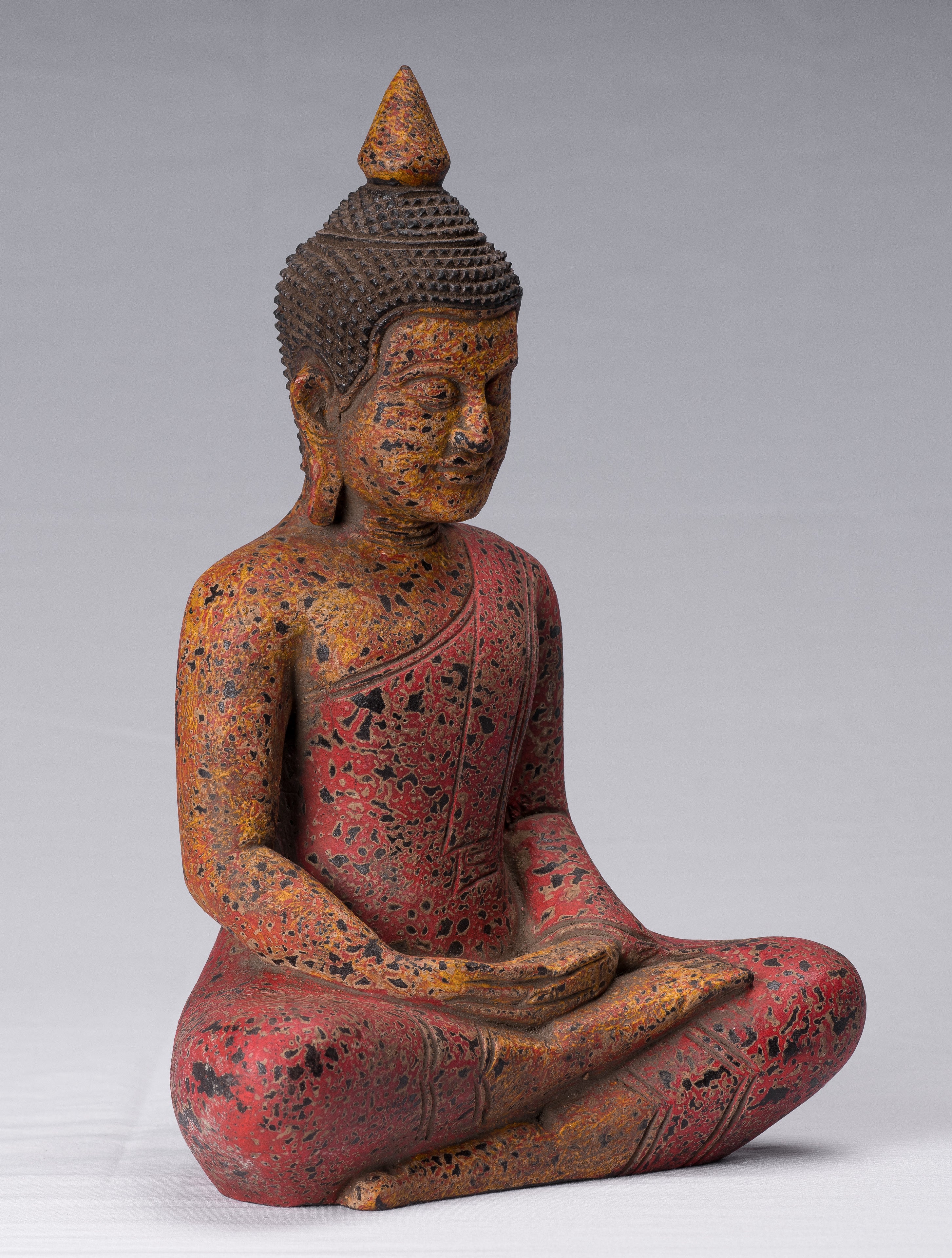 Buddha Sculpture - Antique Khmer Style Wood Seated Buddha Statue Dhyana Meditation Mudra - 34cm/14"