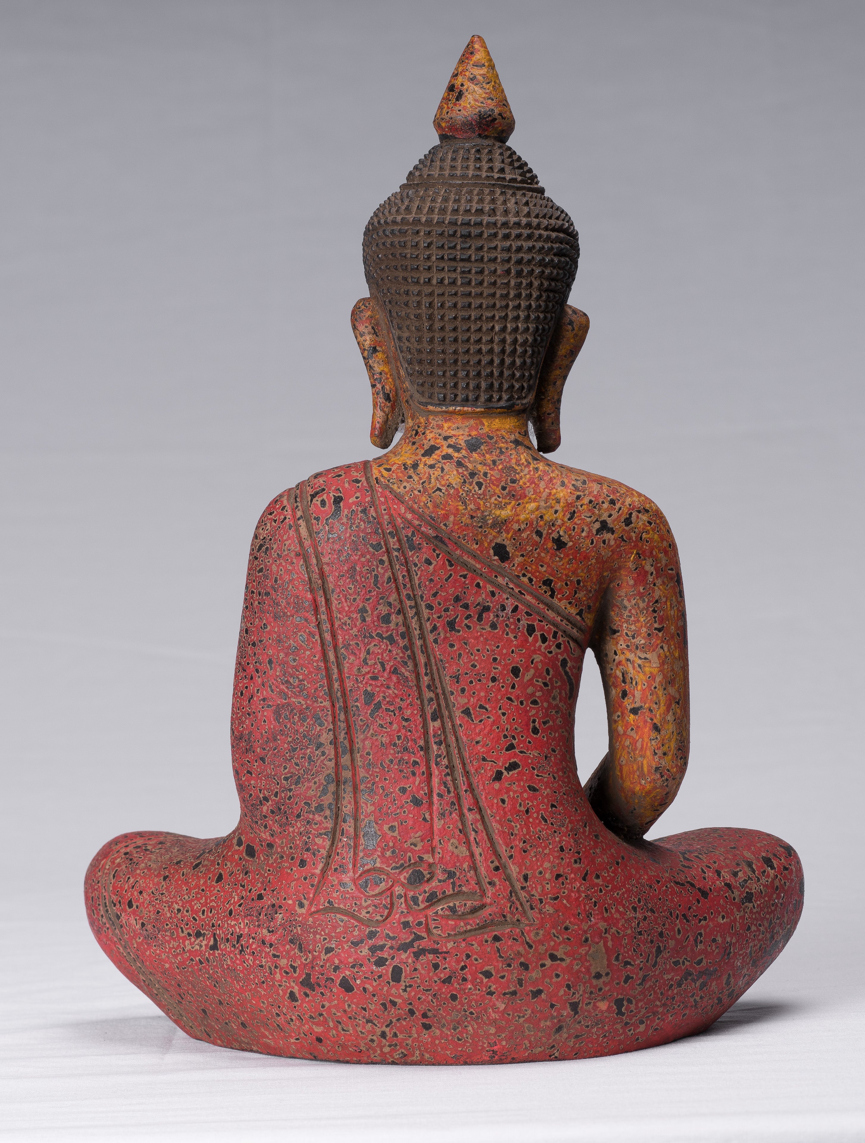 Buddha Sculpture - Antique Khmer Style Wood Seated Buddha Statue Dhyana Meditation Mudra - 34cm/14"