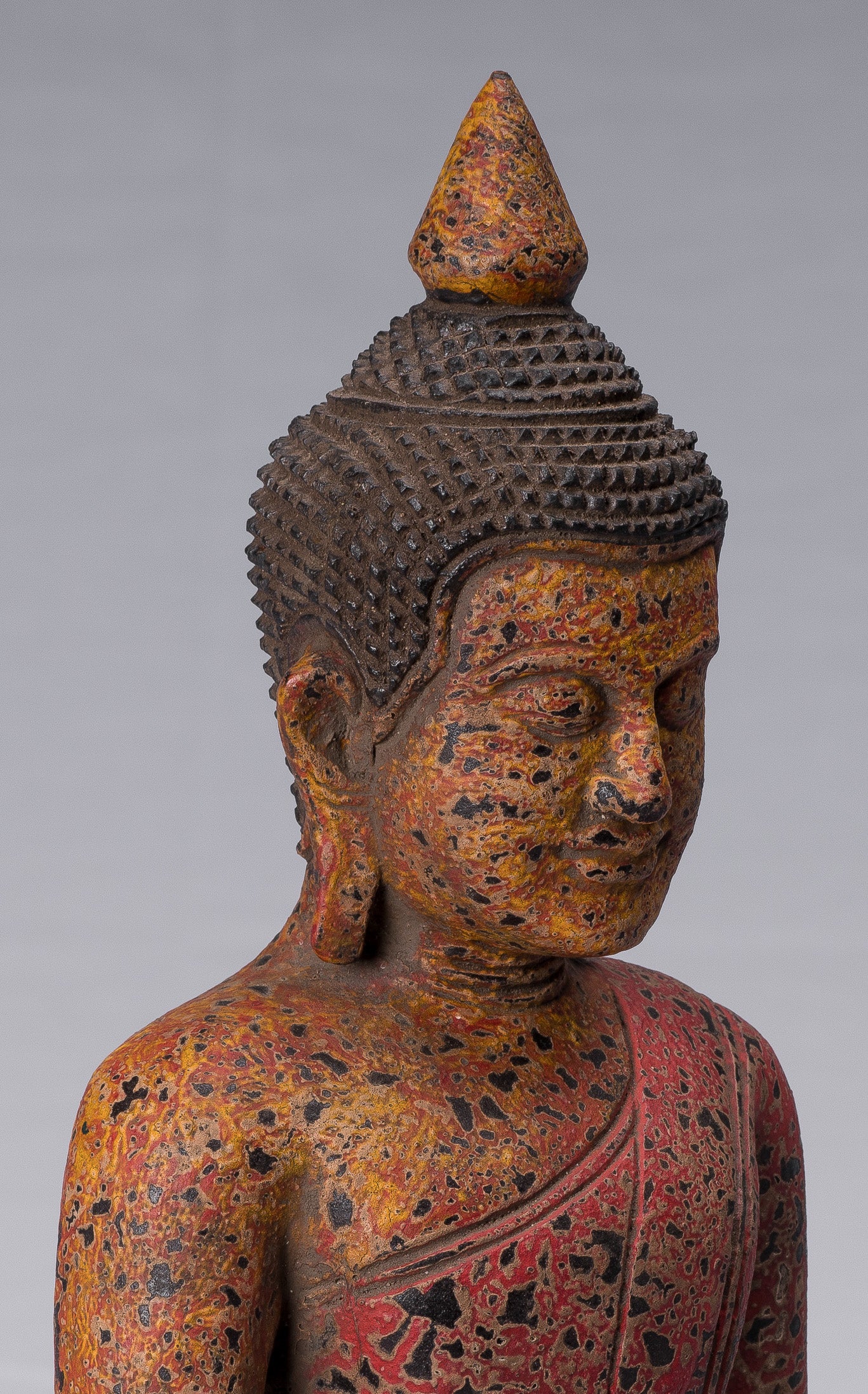 Buddha Sculpture - Antique Khmer Style Wood Seated Buddha Statue Dhyana Meditation Mudra - 34cm/14"