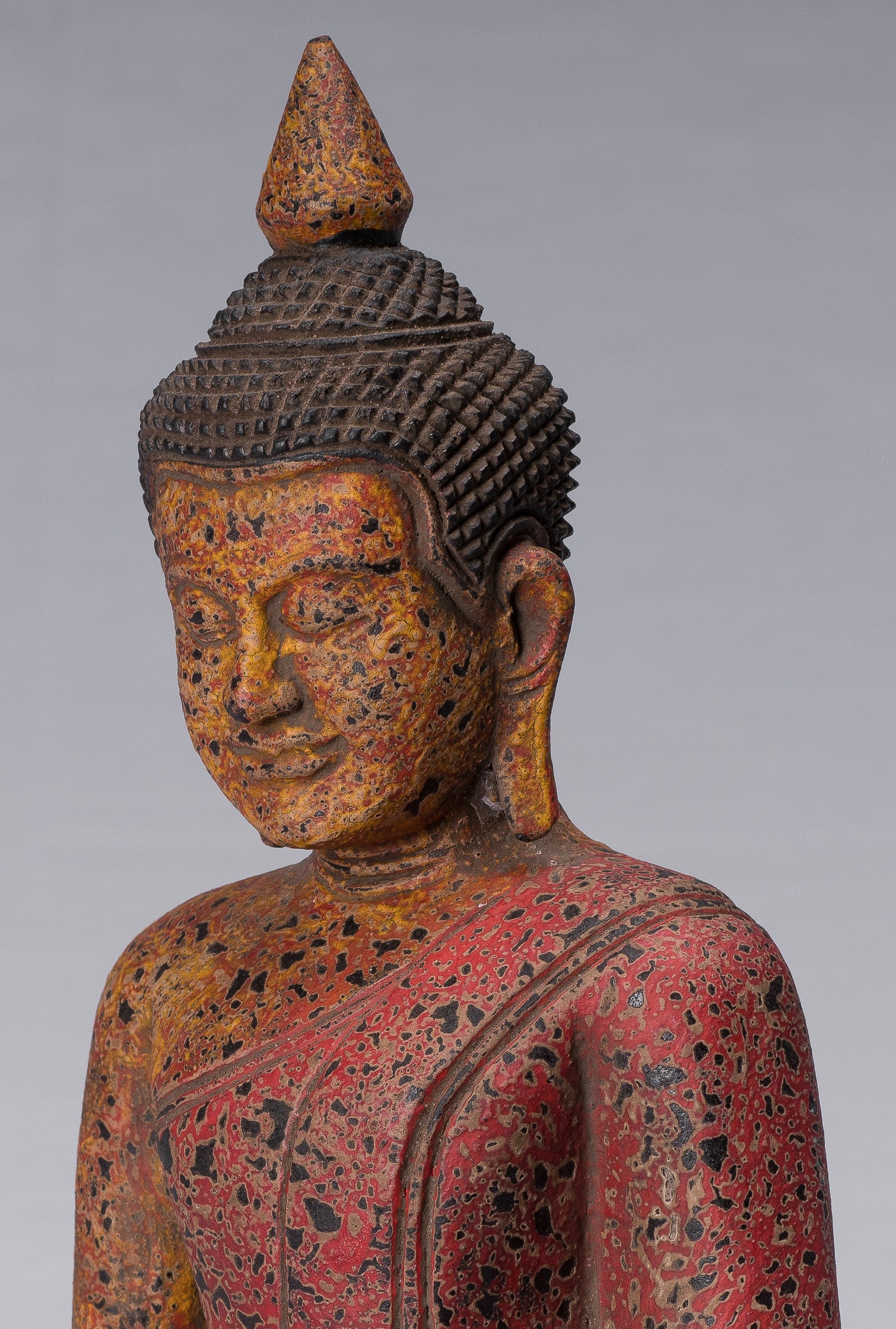 Buddha Sculpture - Antique Khmer Style Wood Seated Buddha Statue Dhyana Meditation Mudra - 34cm/14"