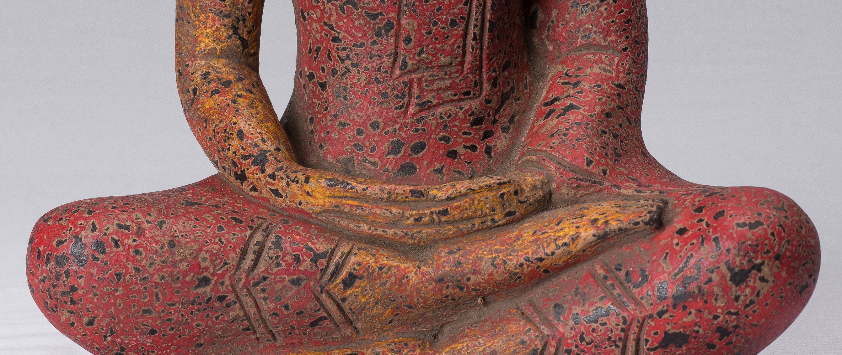 Buddha Sculpture - Antique Khmer Style Wood Seated Buddha Statue Dhyana Meditation Mudra - 34cm/14"