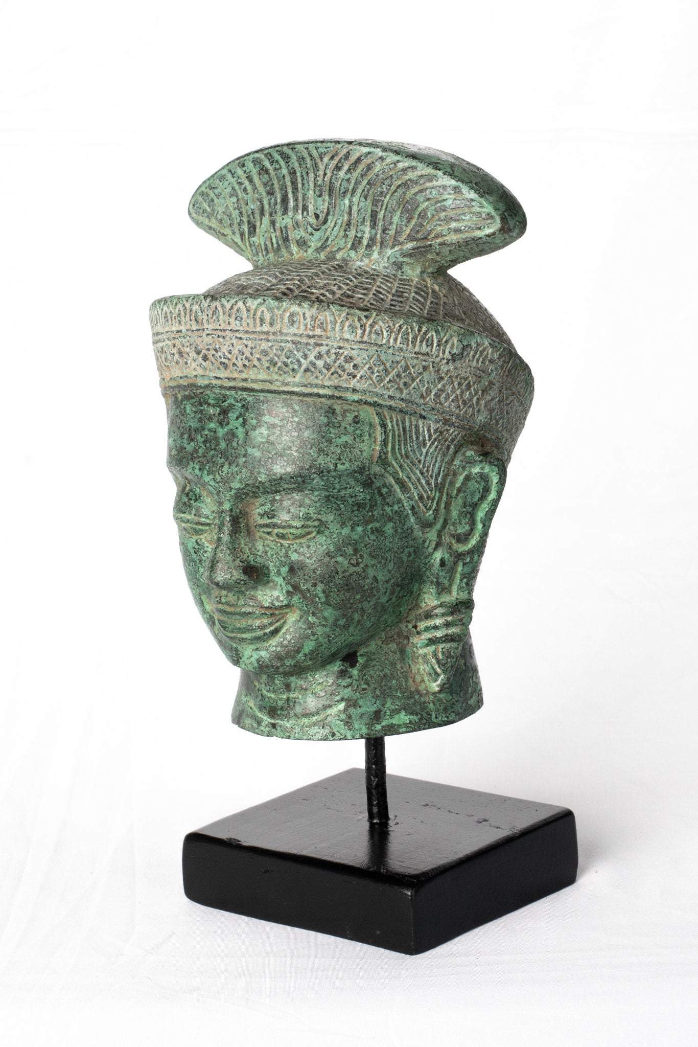 Lakshmi ou Devi/Tête Divine en Bronze de Style Khmer Antique - 24 cm/10"