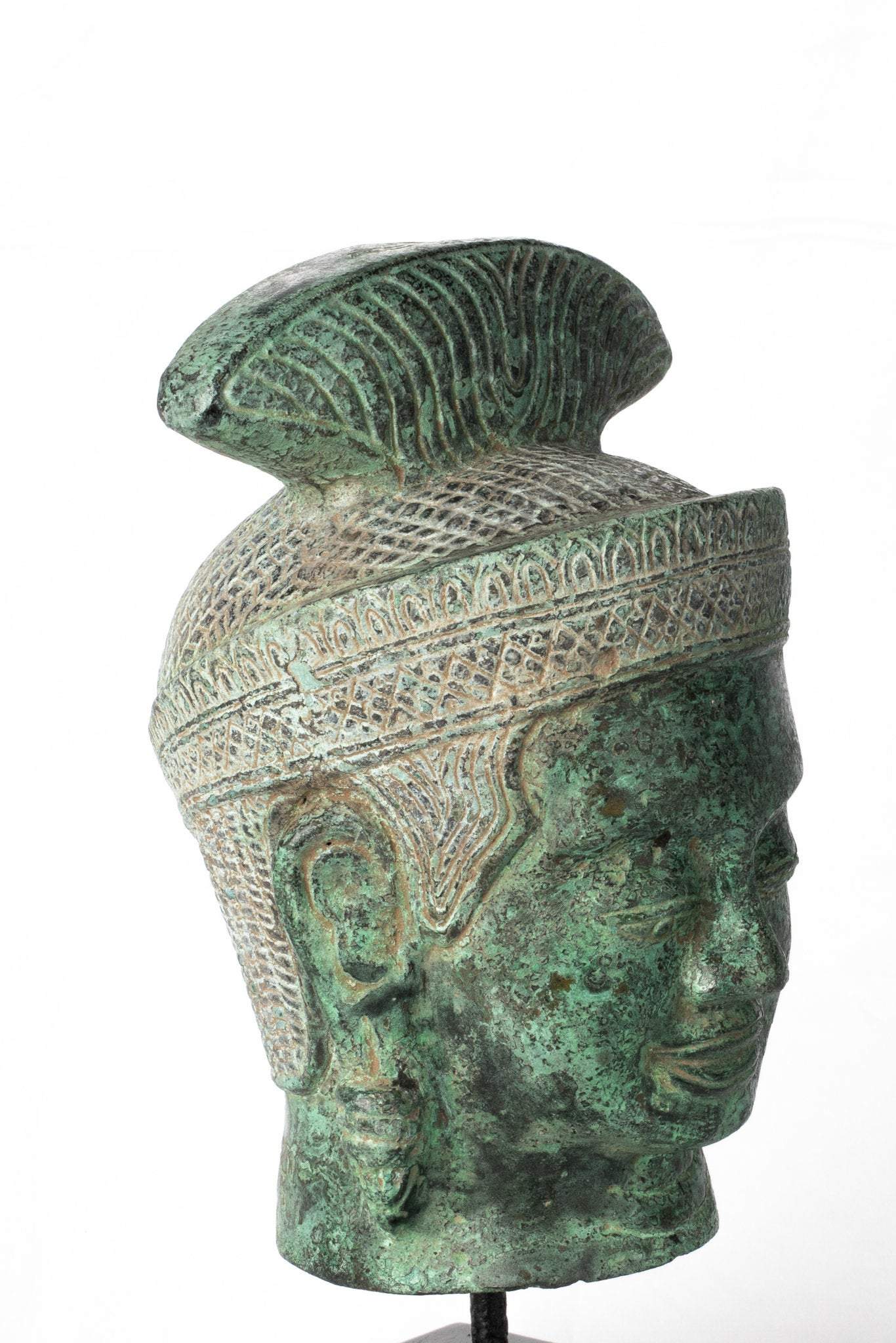 Lakshmi ou Devi/Tête Divine en Bronze de Style Khmer Antique - 24 cm/10"