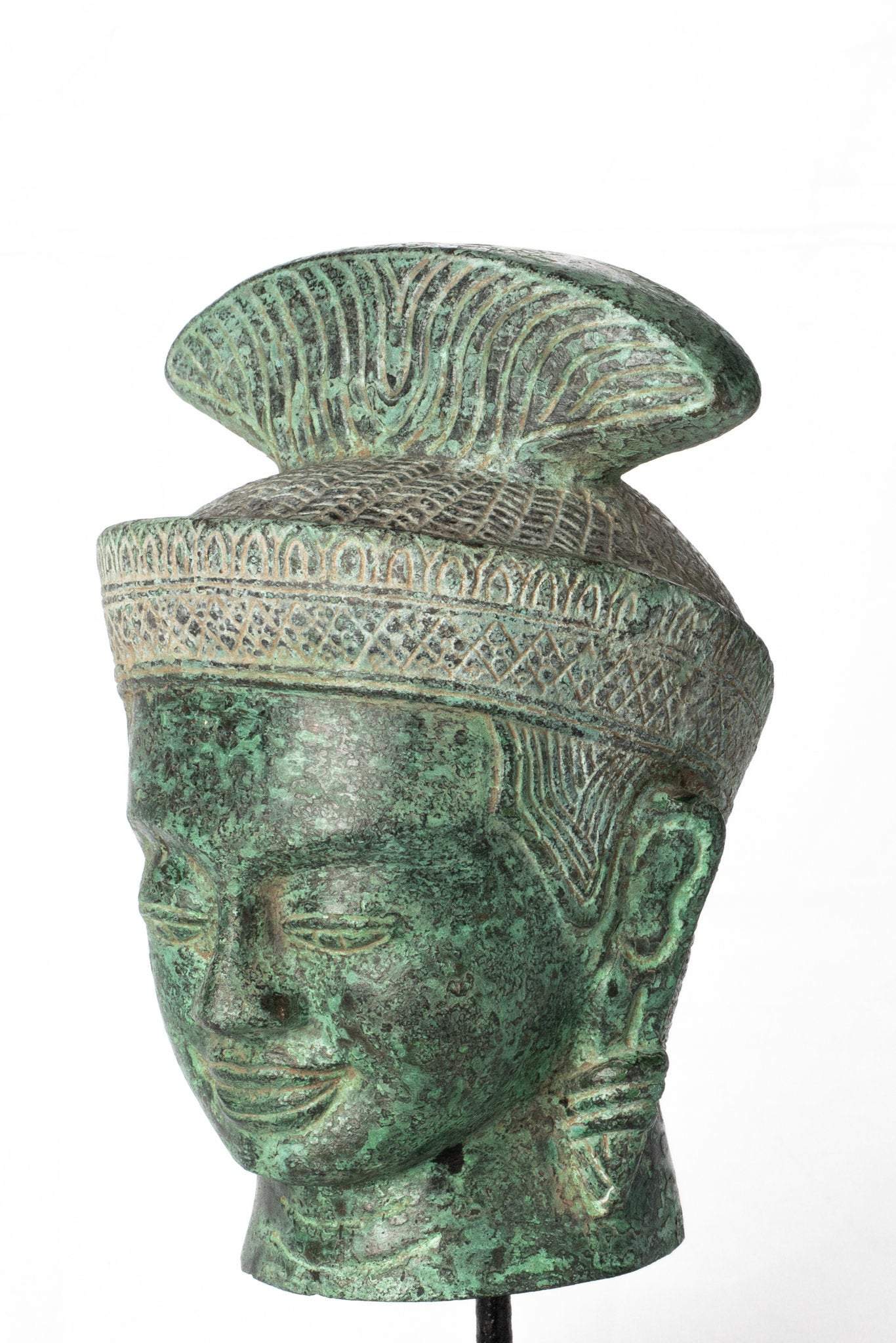 Lakshmi ou Devi/Tête Divine en Bronze de Style Khmer Antique - 24 cm/10"