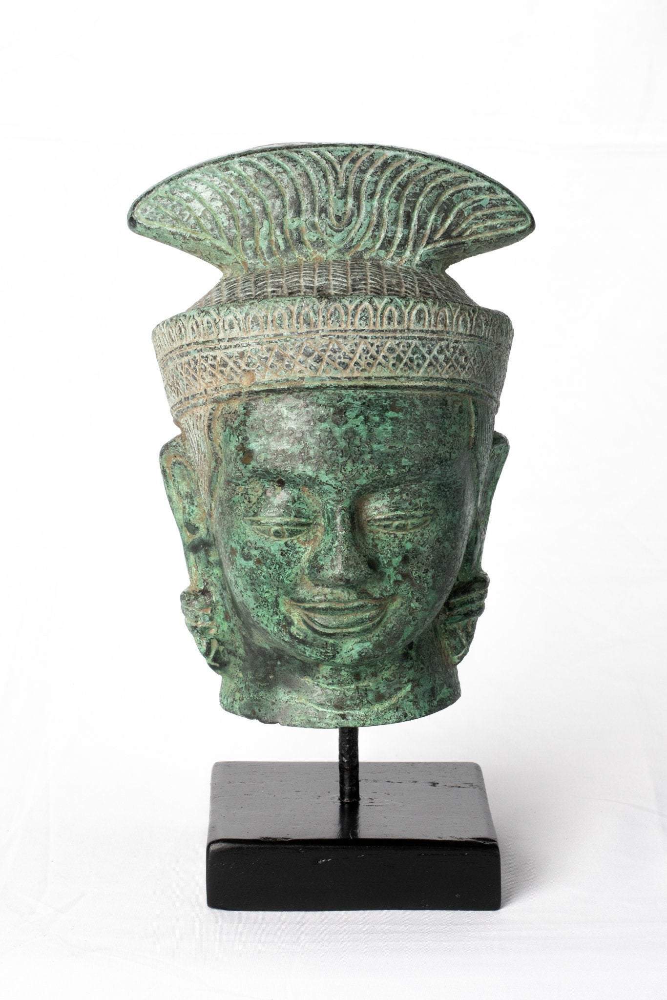 Lakshmi ou Devi/Tête Divine en Bronze de Style Khmer Antique - 24 cm/10"