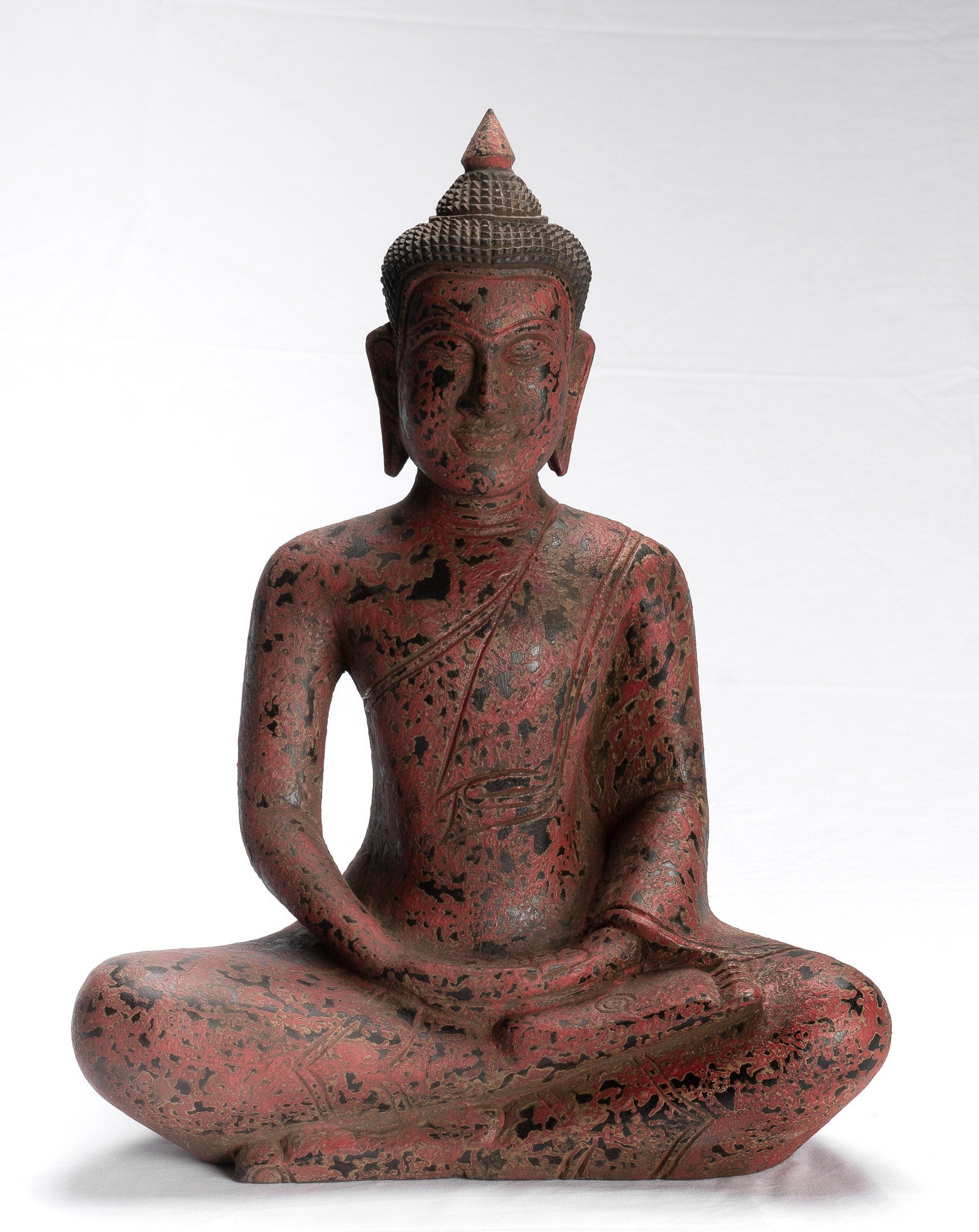 Antique Khmer Style Wood Seated Buddha Statue Dhyana Meditation Mudra - 38cm/15"