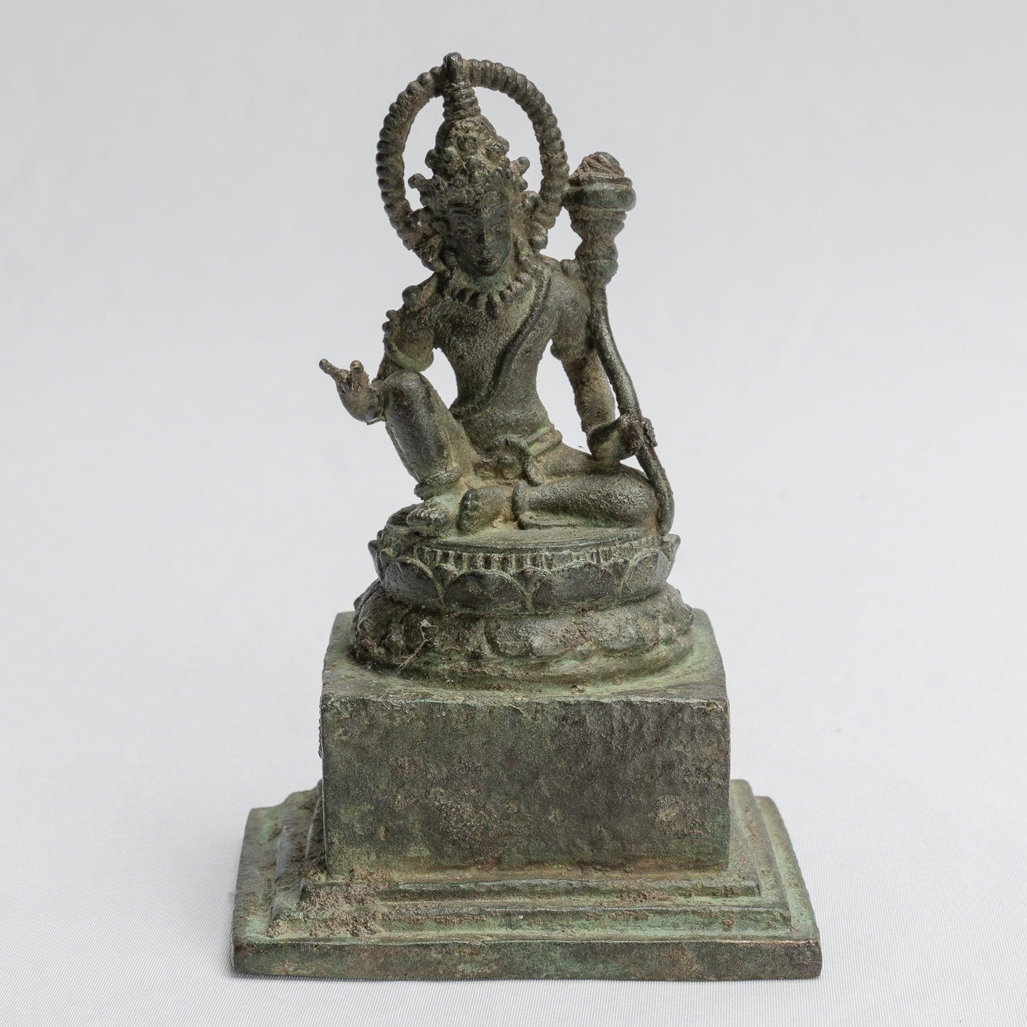 Tara Statue - Antique Java Style Majapahit Seated Bronze Devi Tara Statue - 12cm/5"