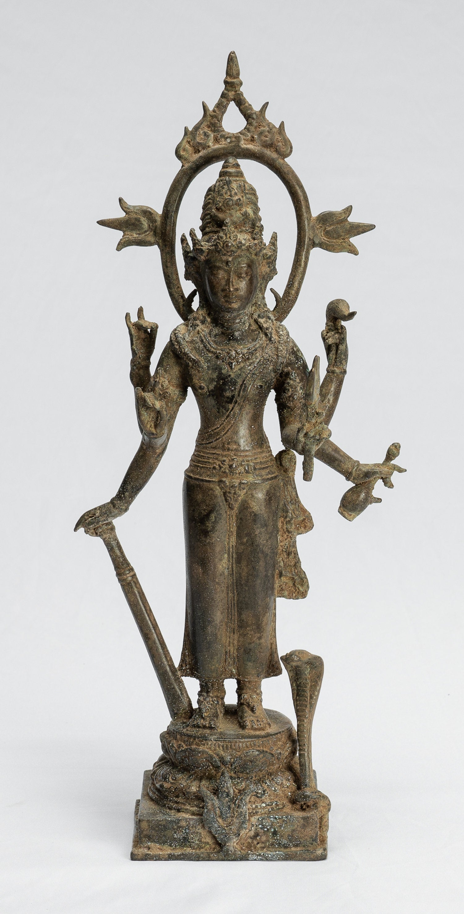 Shiva Statue - Antique Indonesian Style Bronze Javanese Standing 6-Arm Shiva Statue - 36cm/14"