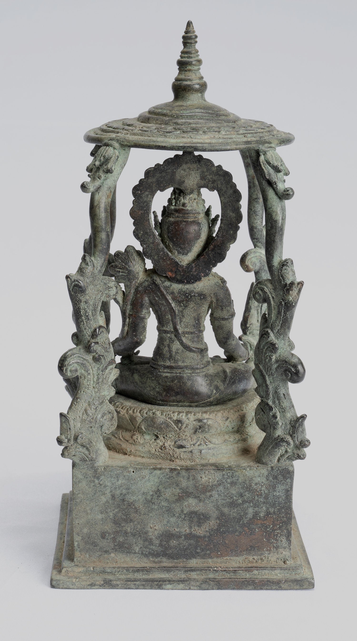 Tara Statue - Antique Java Style Majapahit Seated Bronze Devi Tara Statue - 22cm/9"