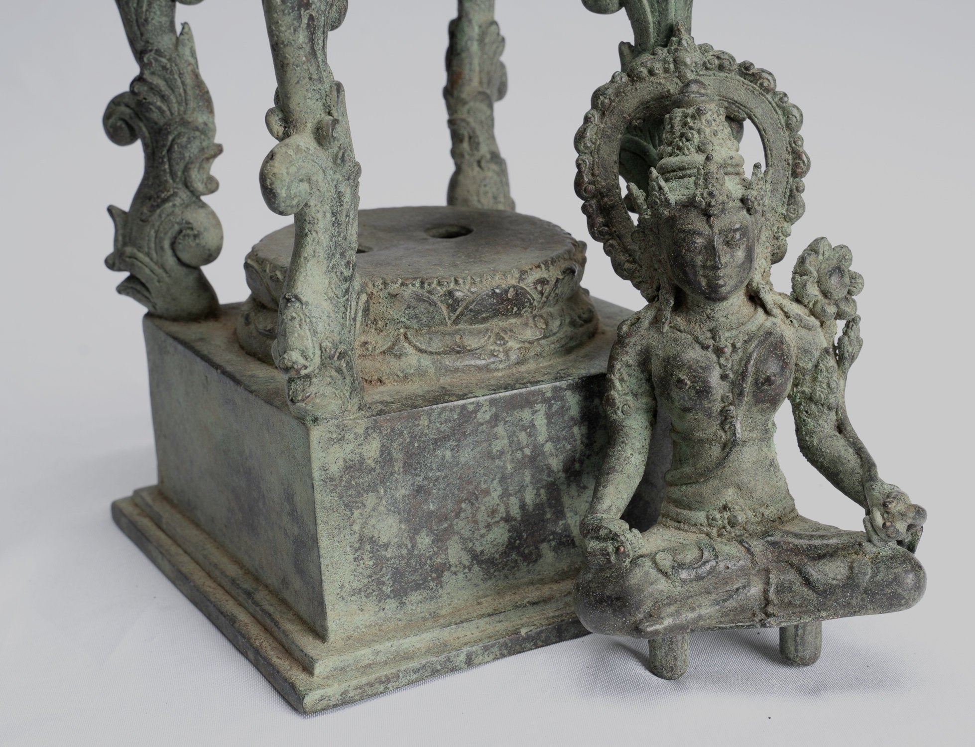 Tara Statue - Antique Java Style Majapahit Seated Bronze Devi Tara Statue - 22cm/9"