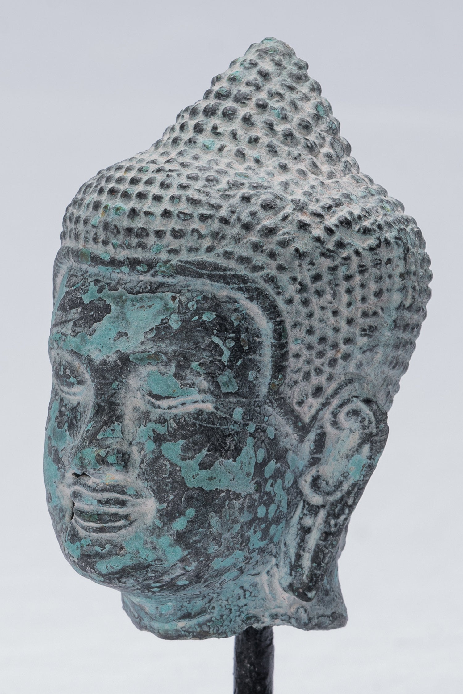 Buddha Statue - Antique Khmer Style Bronze Mounted Buddha Head Statue - 15.5cm/6"