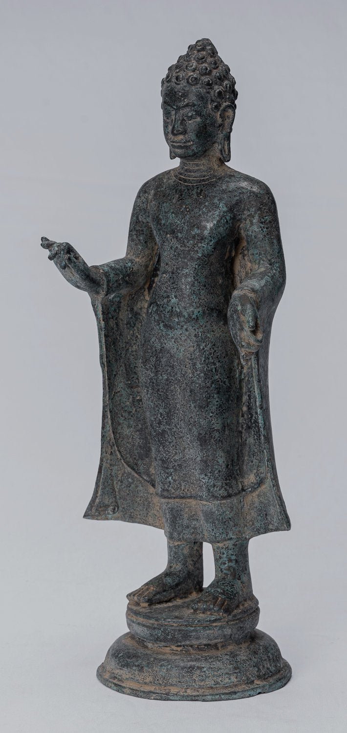 Buddha-Statue – Antik-Thai-Stil, Dvaravati-Bronze, stehend, predigende Buddha-Statue – 33 cm/13 Zoll