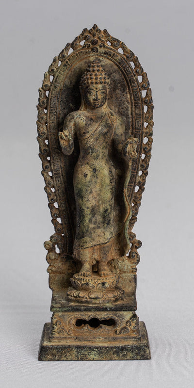 Buddha-Statue – antiker indonesischer Stil, stehender javanischer Lehr-Buddha aus Bronze – 14 cm.