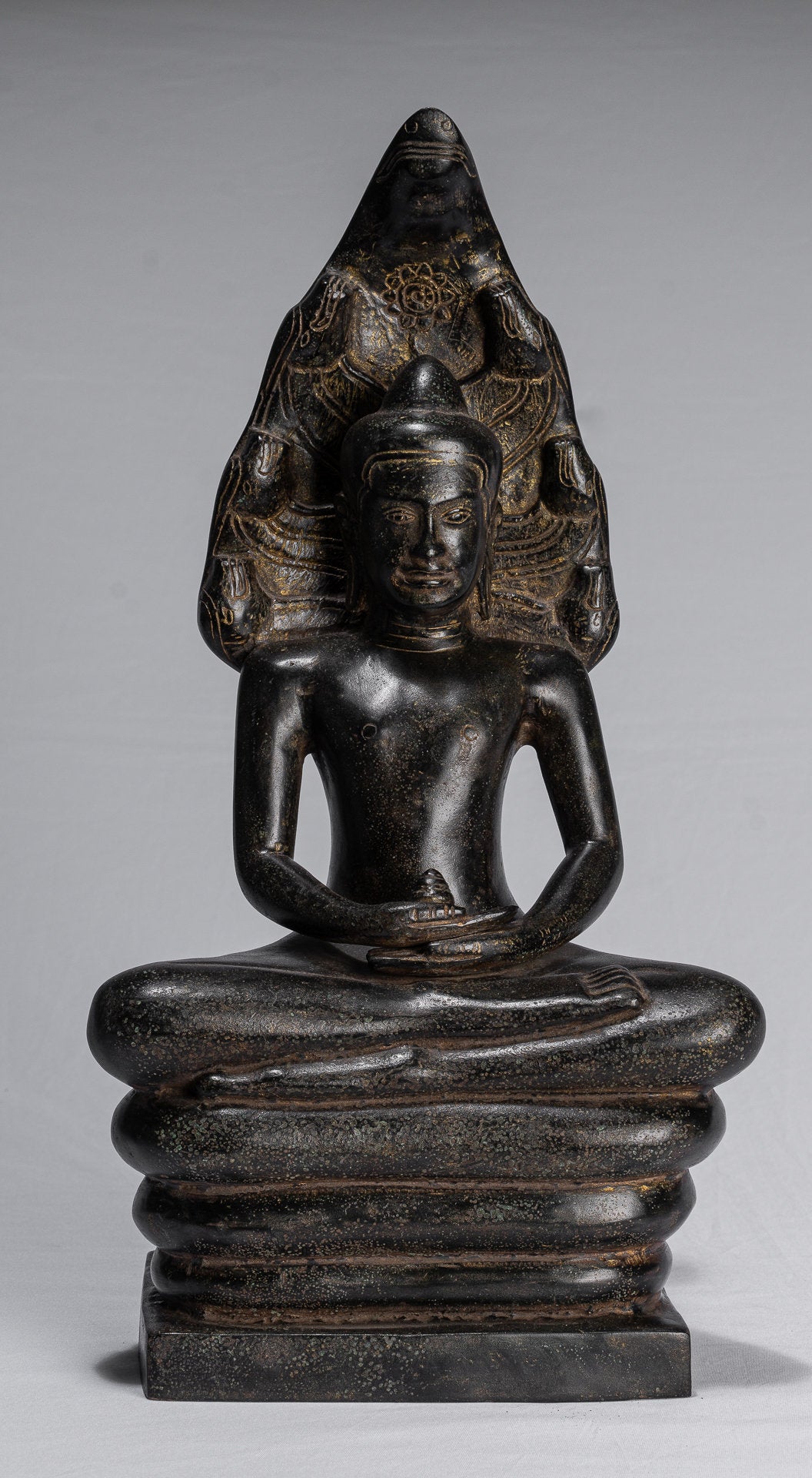 Buddha Statue - Antique Khmer Style Bronze Seated Meditation Naga Buddha Statue - 42cm/17"