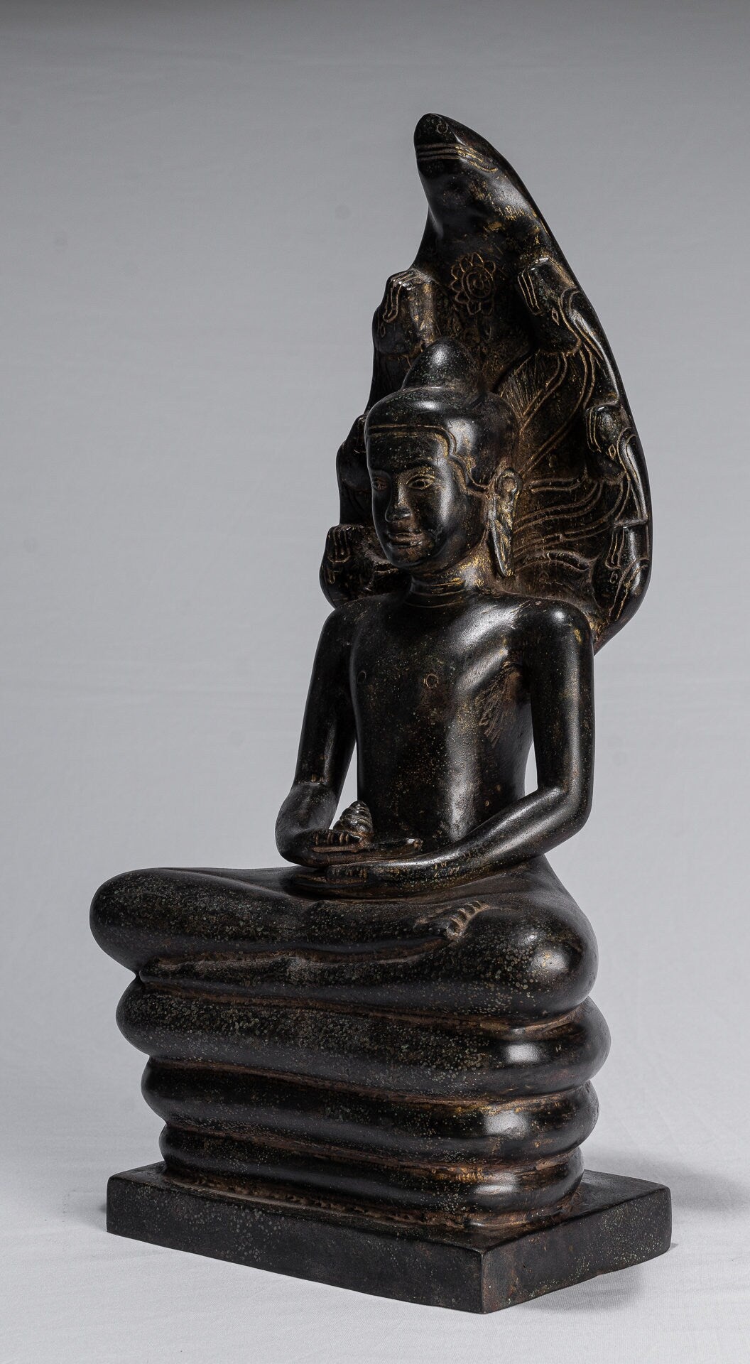 Buddha Statue - Antique Khmer Style Bronze Seated Meditation Naga Buddha Statue - 42cm/17"