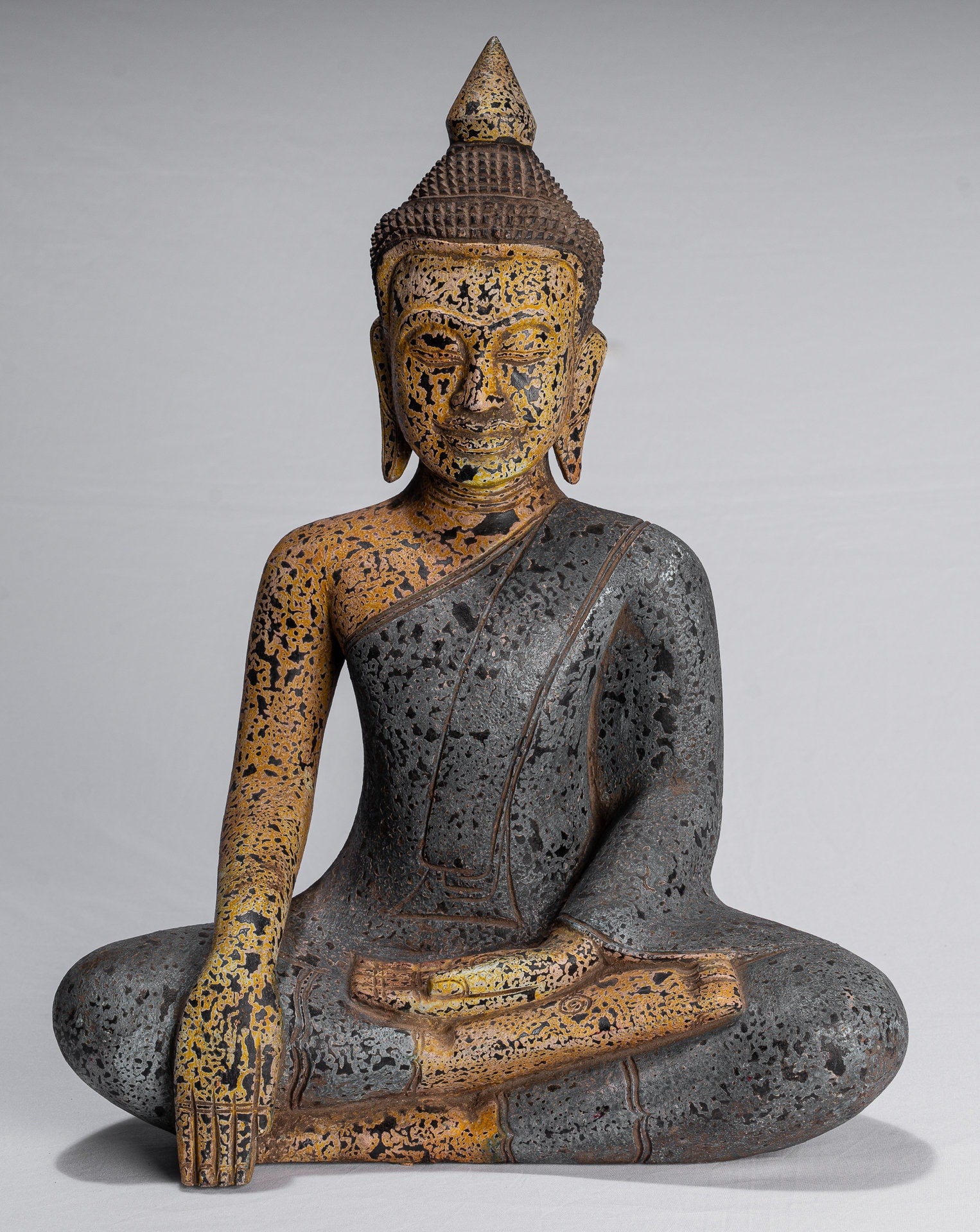 Buddha Statue - Antique Khmer Style SE Asia Seated Wood Enlightenment Buddha Statue - 45cm/18"